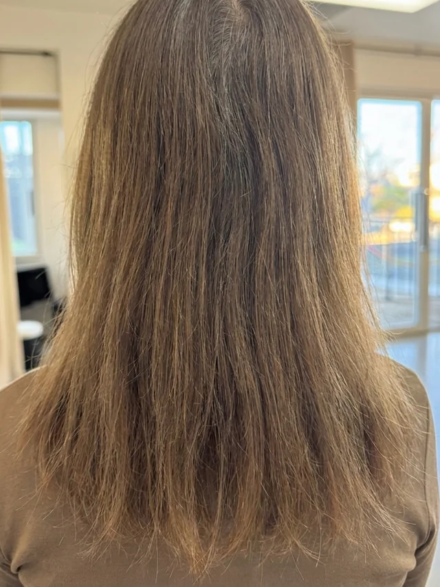 Haar vor der Behandlung: stumpf, ausgewachsener Ansatz, trockene Spitzen