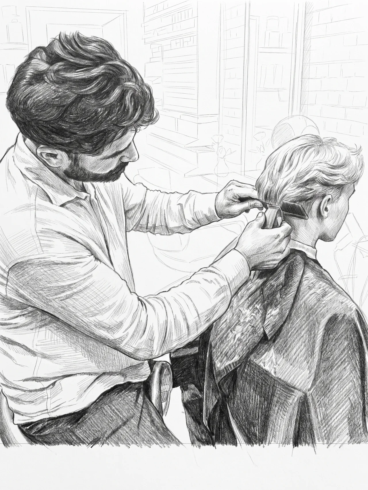 Zeichnung: ein Friseur schneidet mit Kamm und Maschine die Haare eines jungen Kunden